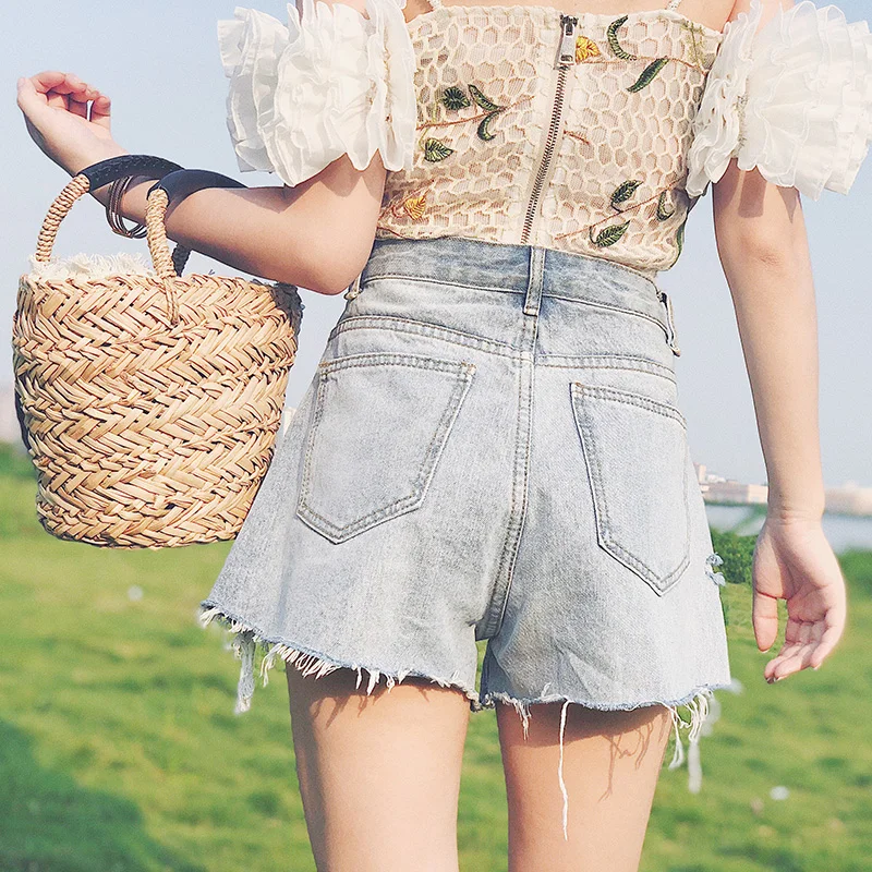 Светло голубой отверстие шорты Лето Для женщин 2019 новая высокая талия широкие