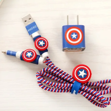 Супергерой Мстители Железный человек защита для usb-кабеля набор с мультяшными наклейками USB зарядное устройство кабель шнур протектор для iphone