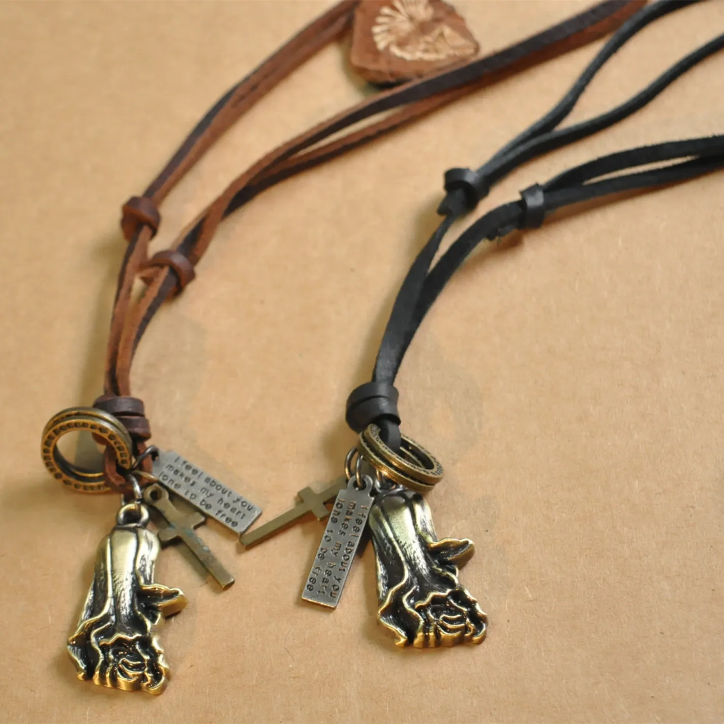 Men Women Flower Leather Necklaces &amp Pendants Fashion Vintage Statement Chokers Black Brown Real Cord Movable 50-70cm | Украшения и