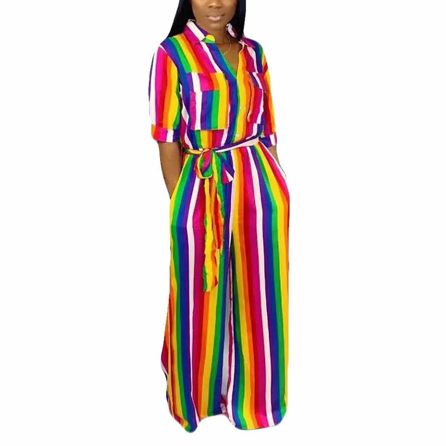 Сексуальный цельный комбинезон в радужную полоску женский с короткими рукавами