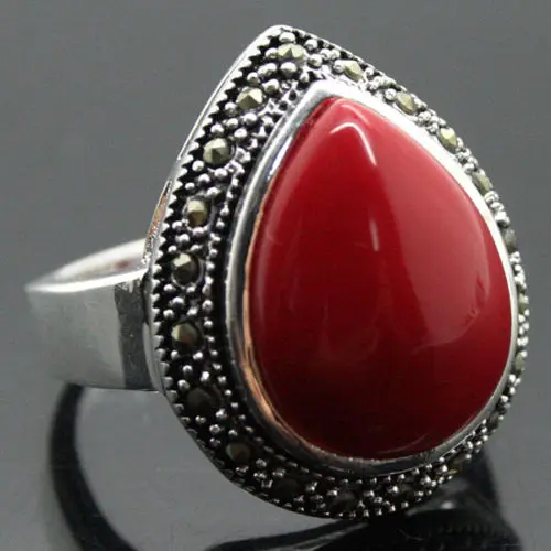 

25*20mm RARE JEWELRY DROP RED Coral 925 SILVER RING SIZE 7/8/9/10