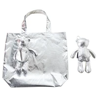 new silver bear waterproof coating reusable portable should pocket shopping bag eco friendly folding handbag grocery fold bag