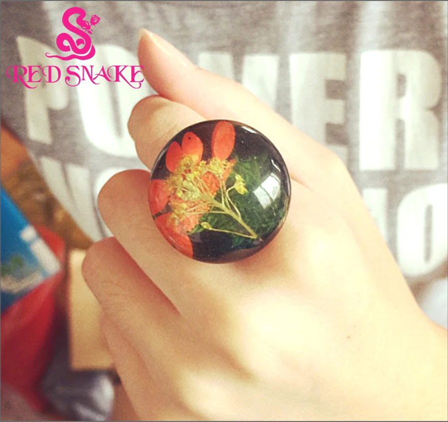 Красная змея мода чистый ручной черный с цветком внутри прозрачное кольцо из
