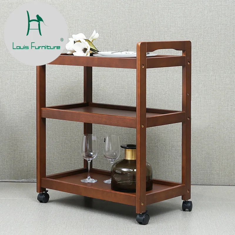 

Louis Fashion Push Cart Moving Solid Wood Dining Car Multifunctional Household Kitchen Side Cupboard