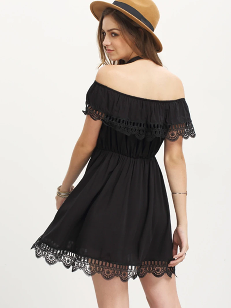 Лето сарафан черный женщины dress элегантный vintage sweet кружева белый стильный