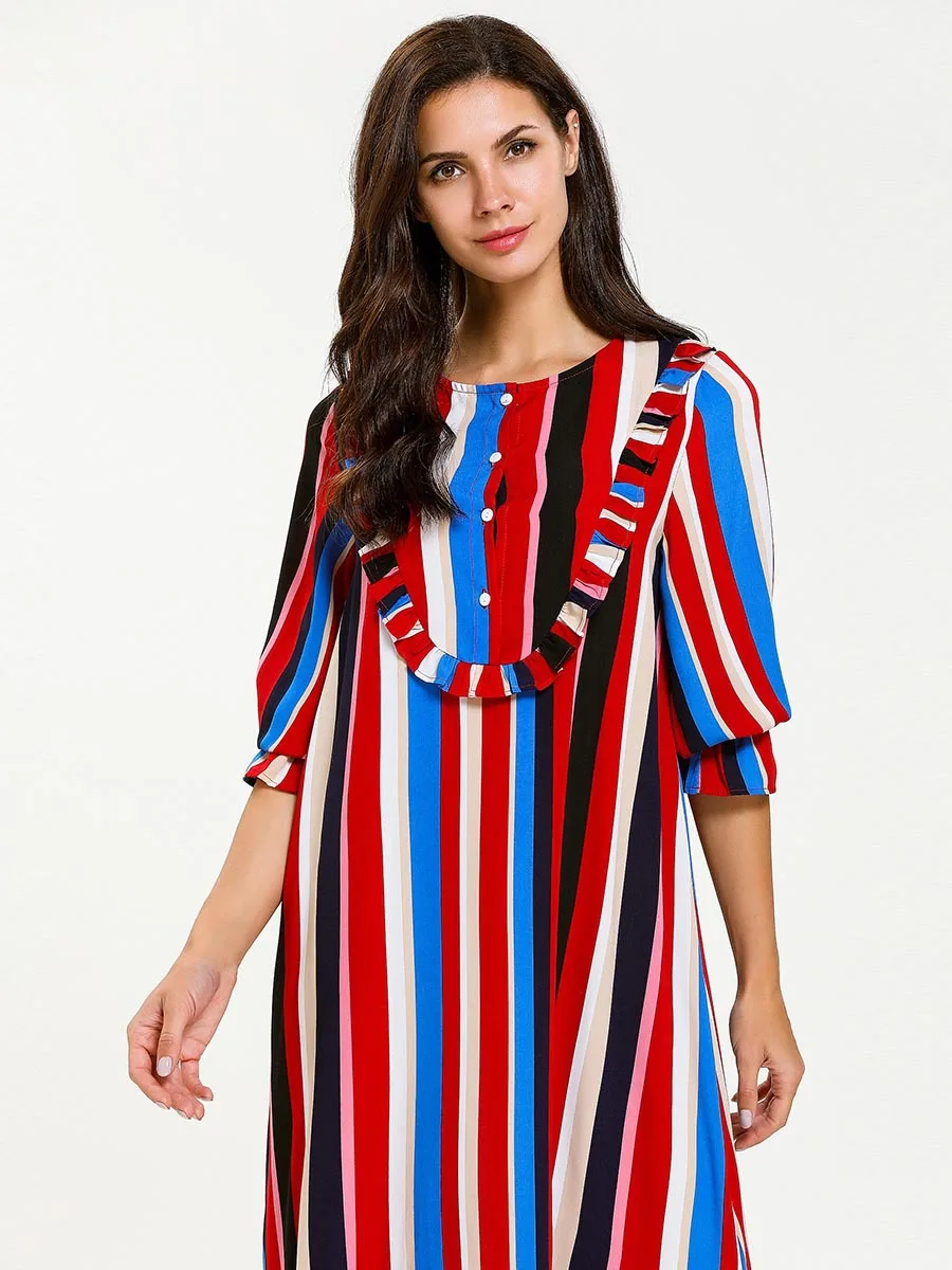 Женское длинное платье макси в разноцветную полоску мусульманское Кафтан Abaya для