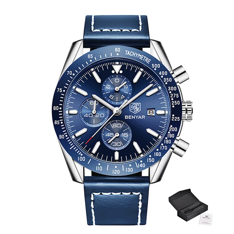 Silver L Blue BENYAR мужские часы Топ Бренд роскошные часы мужские военные часы кварцевые хронограф бизнес часы ремешок Relogio Masculino - Цвет: Silver L Blue