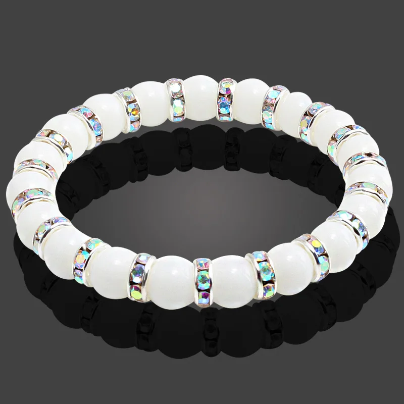 Silver Rhinestones Многоцветная чакра браслет серебряный кристалл белый натуральный камень бисером расстояние для женщин мужчин браслеты Йога ювелирные изделия pulseira - Metal Color: Silver Rhinestones