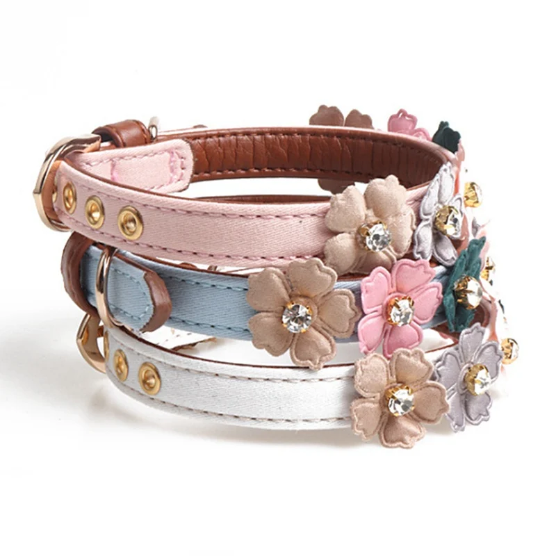 Dog Flower Collar Cute Shiny Diamonds Leather Dogs Necklaces Pet Adjustable Collars For Small Medium Dogs Chihuahua For puppy