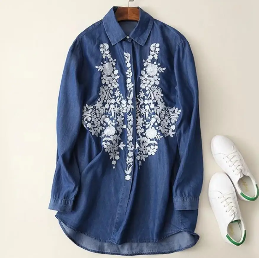 dark blue Г. Весенние Новые Модные свободные отложной воротник вышитые Джинсовая блузка Женщины Тенсел Топы рубашка - Цвет: dark blue