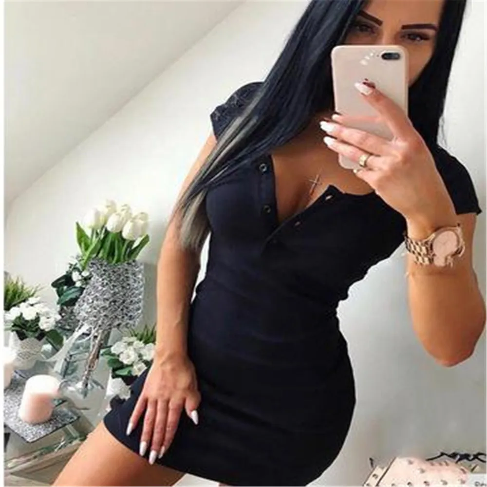 Summer Dress 2019 Fall Women Sexy Casual Knit Sheath Mini Dresses Ladies Solid V Neck Chest Button Short Sleeve Bodycon | Женская одежда