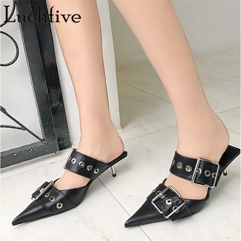 Ремни из натуральной кожи с пряжками женские шлепанцы на каблуке рюмочка