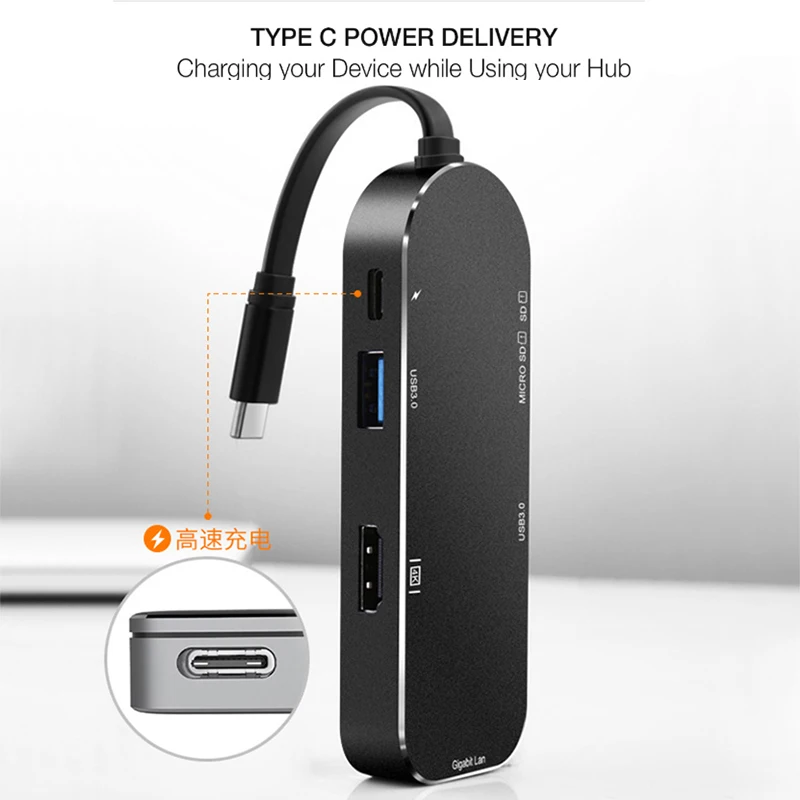 Basix Usb C Hub Type To HDMI 4K Gigabit Ethernet SD/TF Usb3.0 PD зарядный порт для Macbook Pro Hub|USB-хабы| |