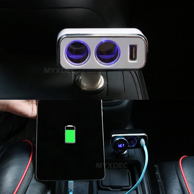 Тройная Розетка от 1 до 2+ USB источник питания Автомобильное зарядное устройство Блок питания двойной адаптер/сигарная розетка с синими огнями
