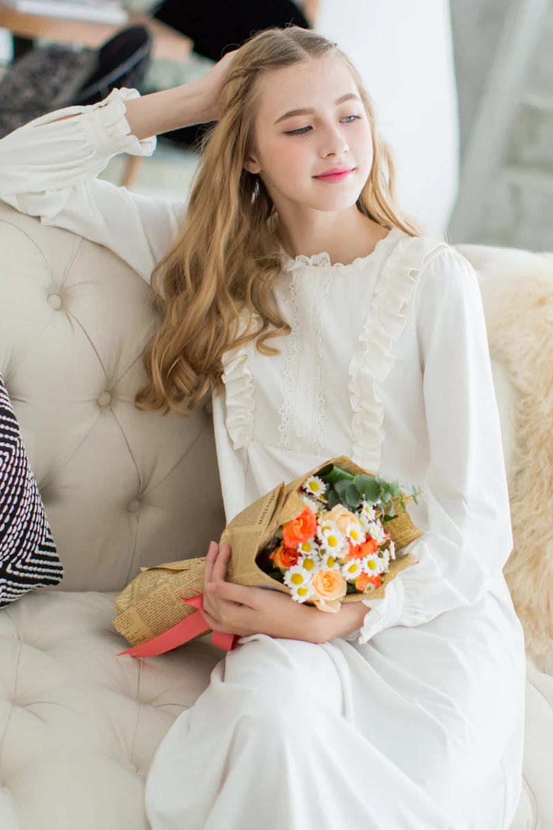 Women Dresses Princess Cotton Long Nightgowns Lace Vintage Romantic Sleepwear White Sweet Home Dress Plus Size Nightdress #L24 | Женская
