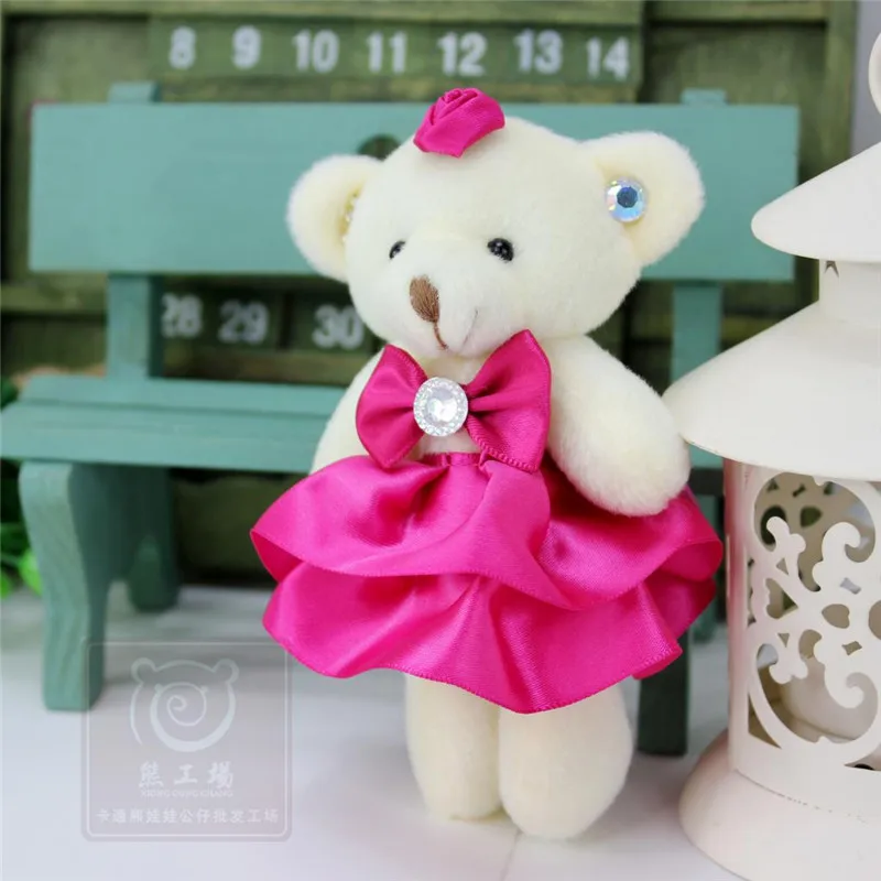 

12pcs/lot 12cm high quality mini joint teddy bear pendants Diamond Silk dress Cartoon bouquets wedding car decoration