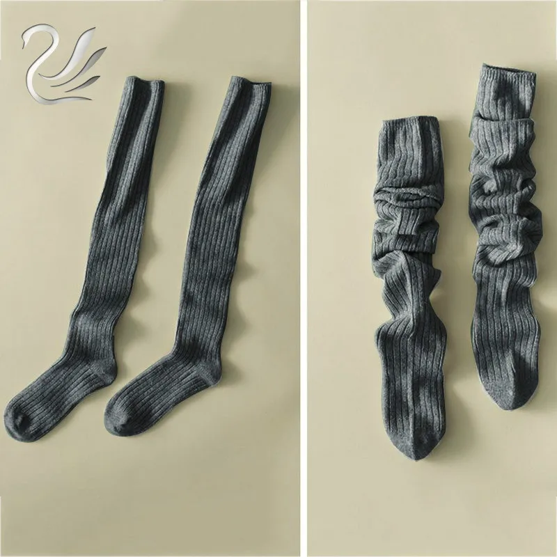Dark Gray Новинка года, модные зимние женские сексуальные хлопковые однотонные чулки, теплые шерстяные Гольфы выше колена с тесьмой для девушек и женщин - Цвет: Dark Gray