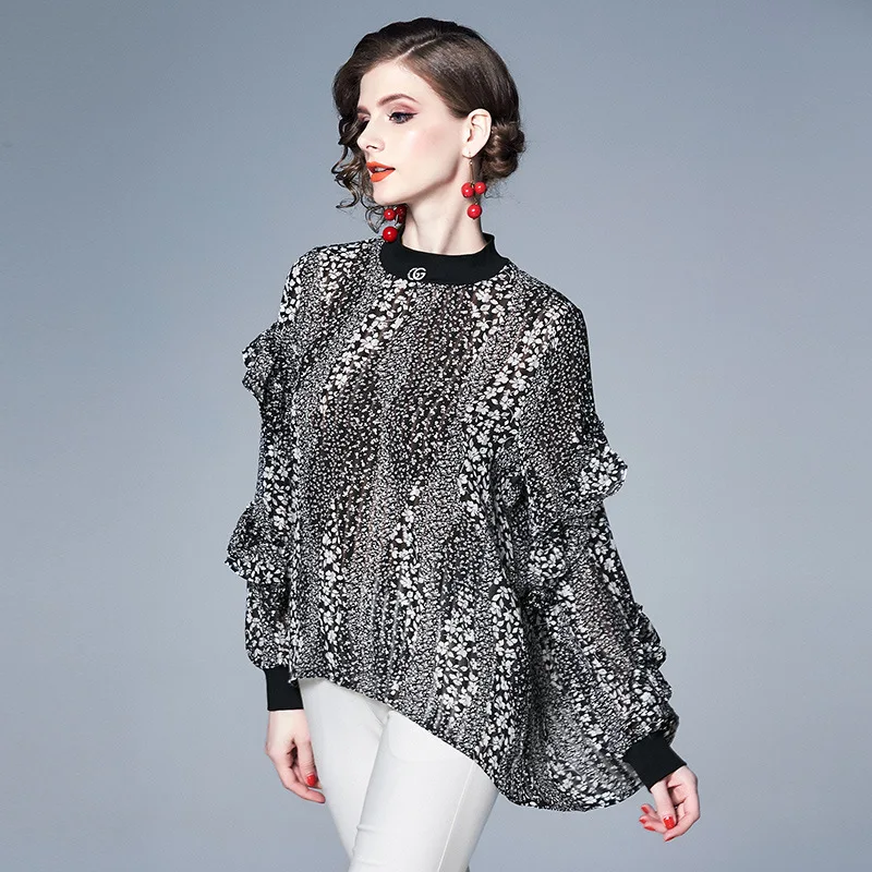 S-XXL spring summer woman blouse shirt beading collar brooch white flower pattern print black loose plus size |