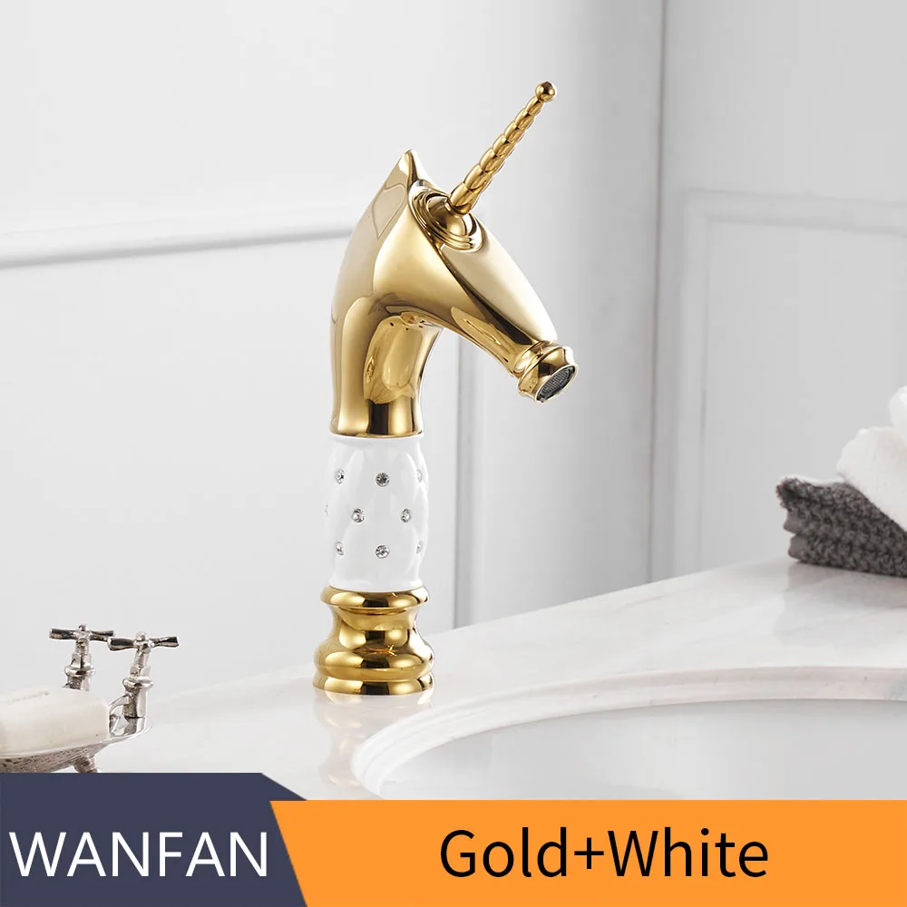 Gold And White Смеситель для раковины, уникальный модный кран для ванной комнаты с лошадиной головкой, черная латунь, на бортике, одинарная длинная ручка, смеситель для туалета 855755 - Цвет: Gold And White