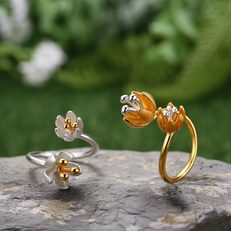 Lotus Fun Настоящее серебро 925 проба Натуральный ручной работы дизайнерские ювелирные изделия Регулируемые свежие цветущие цветочные кольца для женщин
