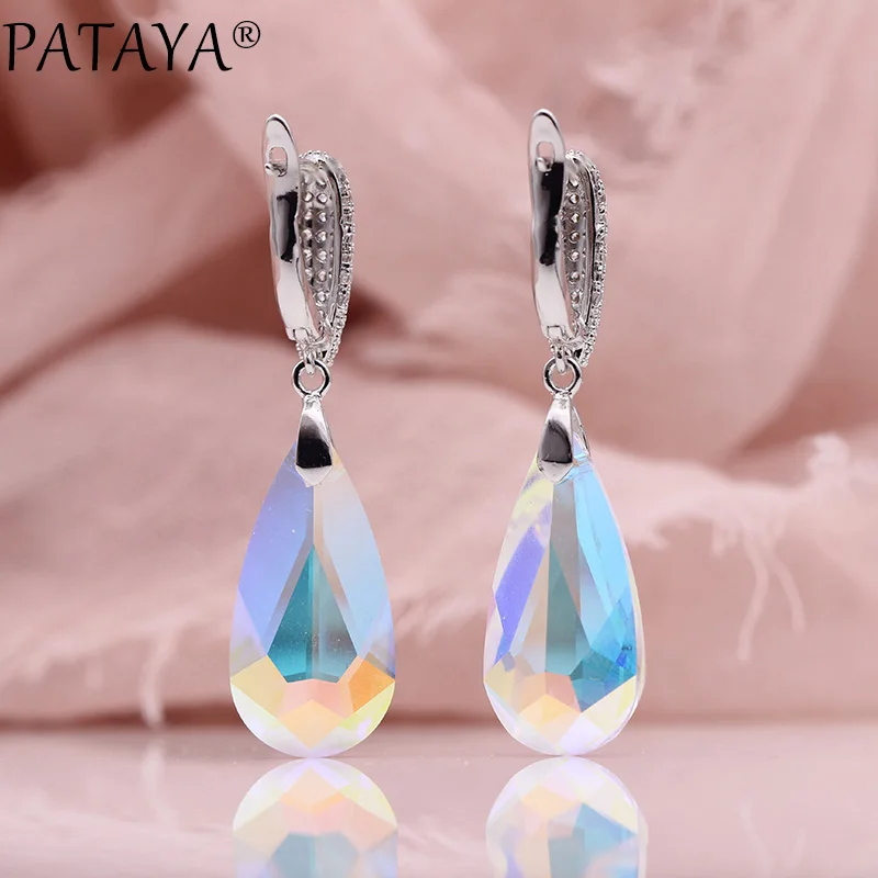PATAYA, новые длинные серьги в форме капли воды, женские красочные роскошные свадебные украшения, Настоящее Белое золото, CZ, австрийский кристалл, висячие серьги