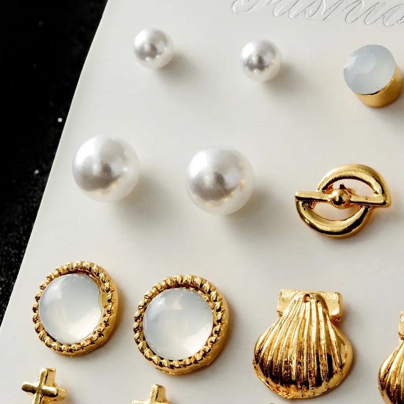 12 Pairs/Set Earring Trendy Gold Color Star Simulated Pearl Shell Statement Stud Earrings Set For Women 2018 New Arrival Jewelry | Украшения