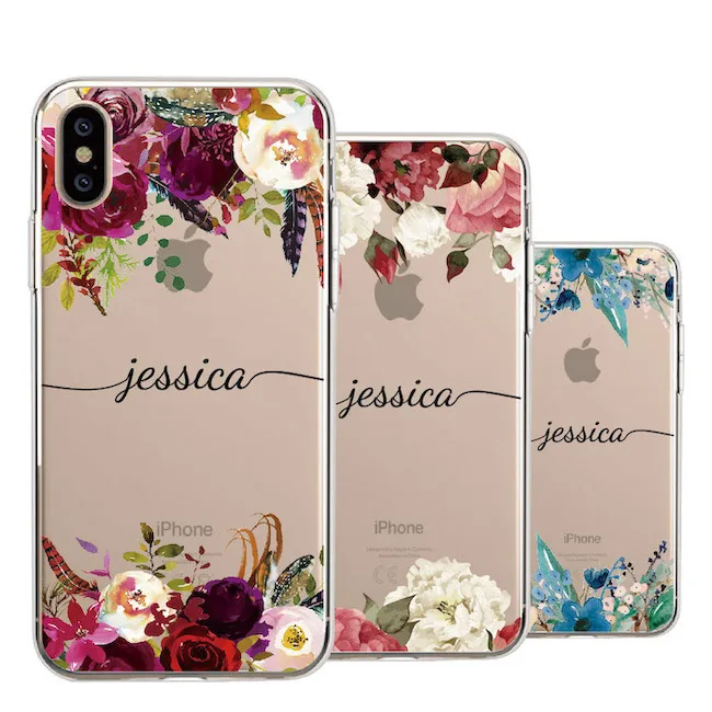 

Custom Personalization Name Tropical Floral Border Phone Soft Transparent Case For iPhone 13 12 XS Max XR X 7 8 Plus 11 Pro Max