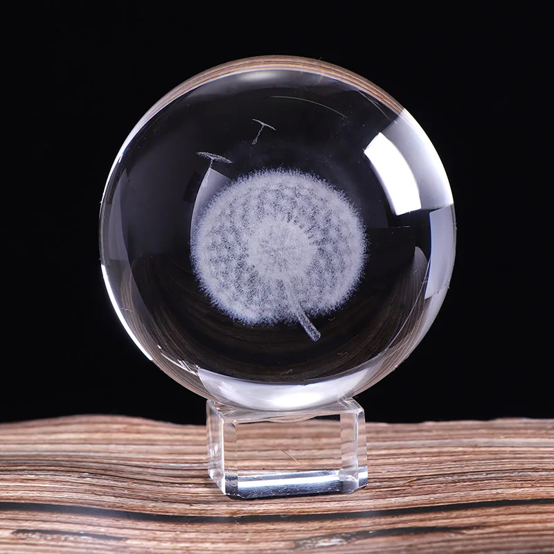 with crystal base 60 мм/80 мм Хрустальный миниатюрный шар одуванчик 3D стекло с лазерной гравировкой ремесло Сфера украшение дома украшение подарок на день рождения Фэн-шуй - Цвет: with crystal base