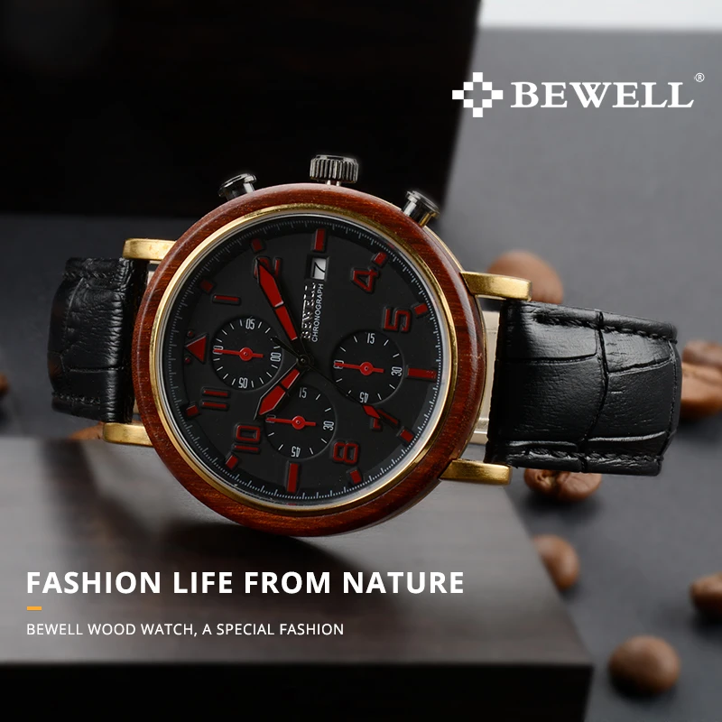 BEWELL Роскошные Брендовые мужские деревянные часы со светящимися стрелками и секундомером подарок для мальчика водонепроницаемые часы с кожаным ремешком 1061A