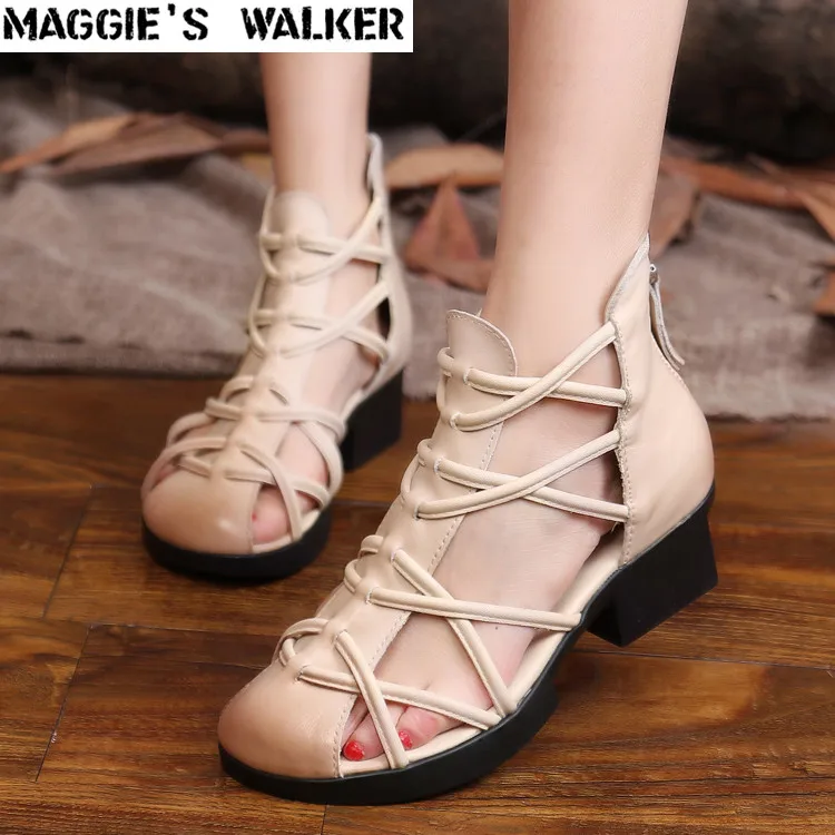 

Maggie's Walker Women Fashion Genuine Leather Boots Summer Zipper Casual Shoes Cut-out Autumn Boots Size 35~40