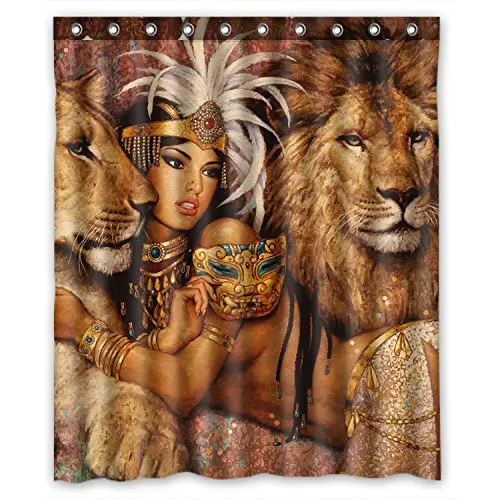

African Woman and Lions Beautiful Woman Bathroom Waterproof Shower Curtain