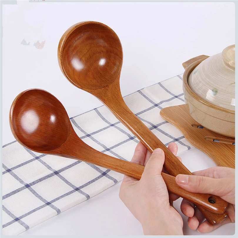 Large Wooden Soup Spoon Long Handle Natural Soup Spoons Healthy Eco-Friendly Wood Tableware Kitchen Accessories JJ30