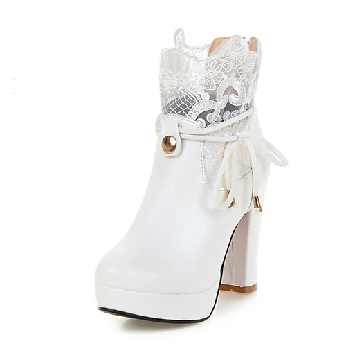 white shoes Gdgydh/; ботильоны на шнуровке; женские полусапожки на Высоком толстом каблуке; женская обувь на платформе с круглым носком; белые свадебные туфли размера плюс - Цвет: white shoes