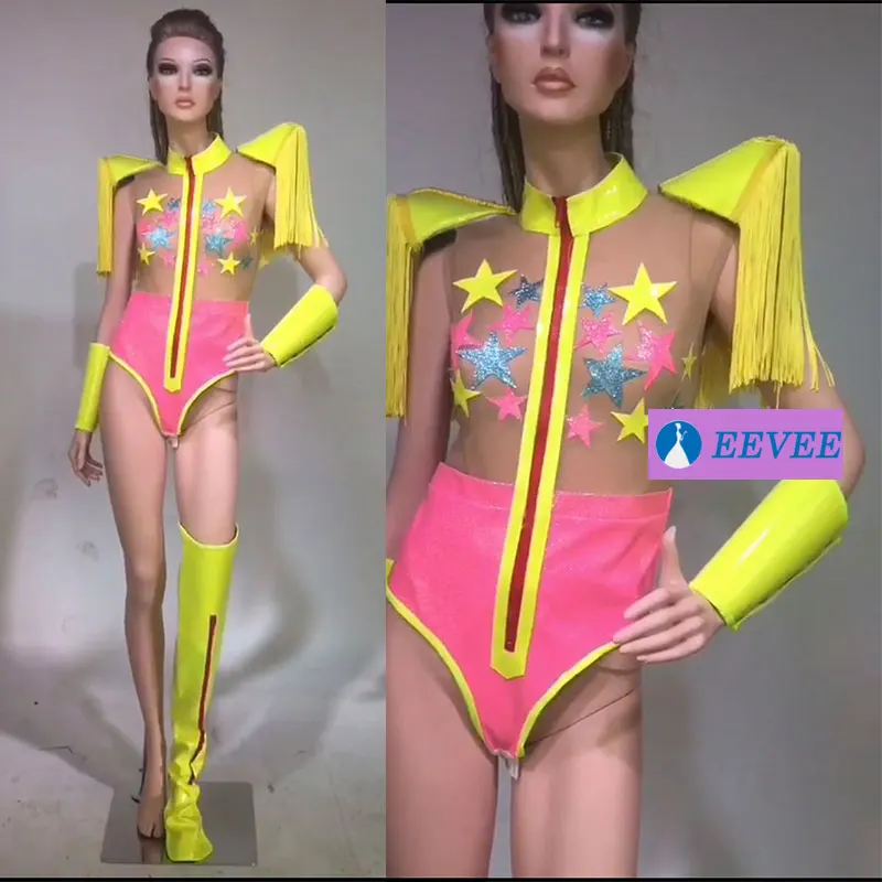 photo color Боди с бахромой на плече, на запястье, боди, наборы, сексуальный перспективный комбинезон, бар, DJ DS GOGO, сценический костюм для женщин, певица, командная одежда - Цвет: photo color