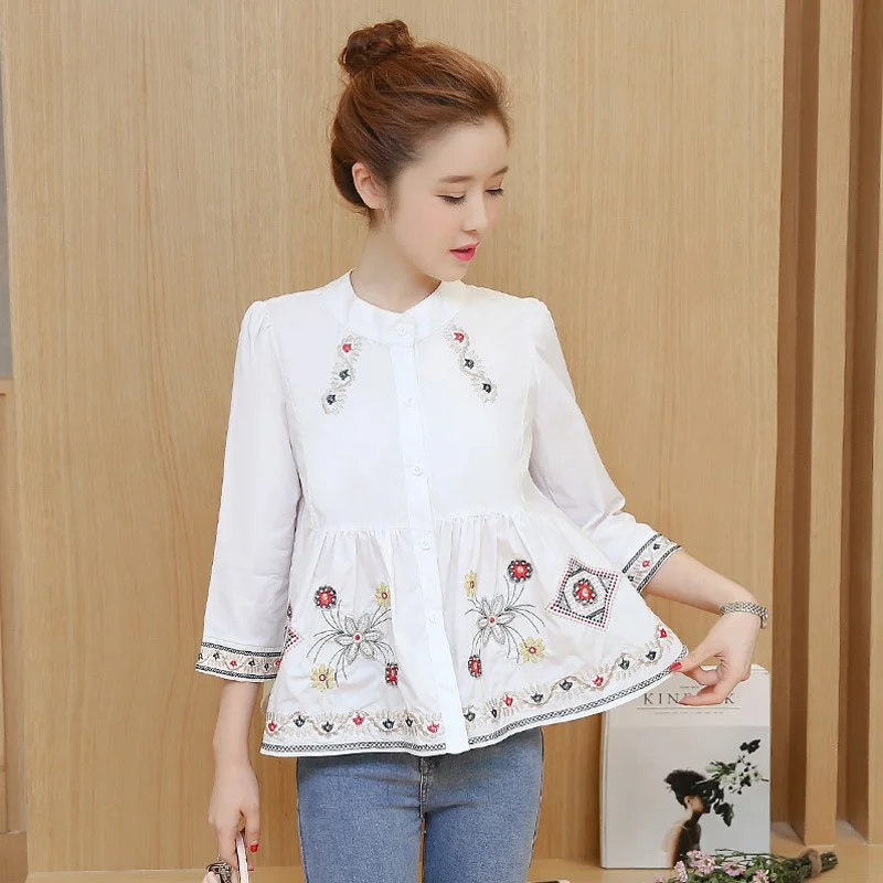 Женская винтажная блузка с цветочной вышивкой белая Свободная рубашка в