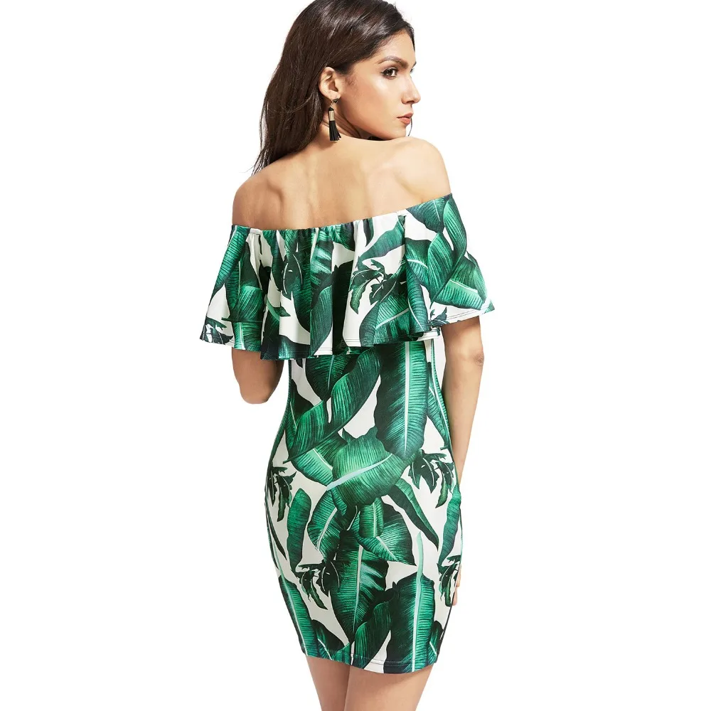 Женское облегающее платье с оборками тропическим принтом зеленых листьев
