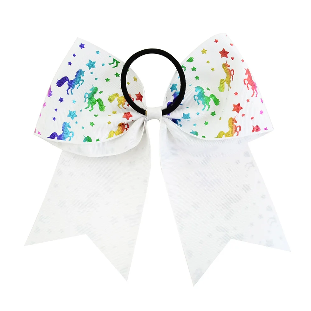 

12PCS 7 Inch Oversized Unicorn Heart Print Sport Hair Bows Elastic Tie Ponytail Holder For Shool College Cheerleader Girls Women
