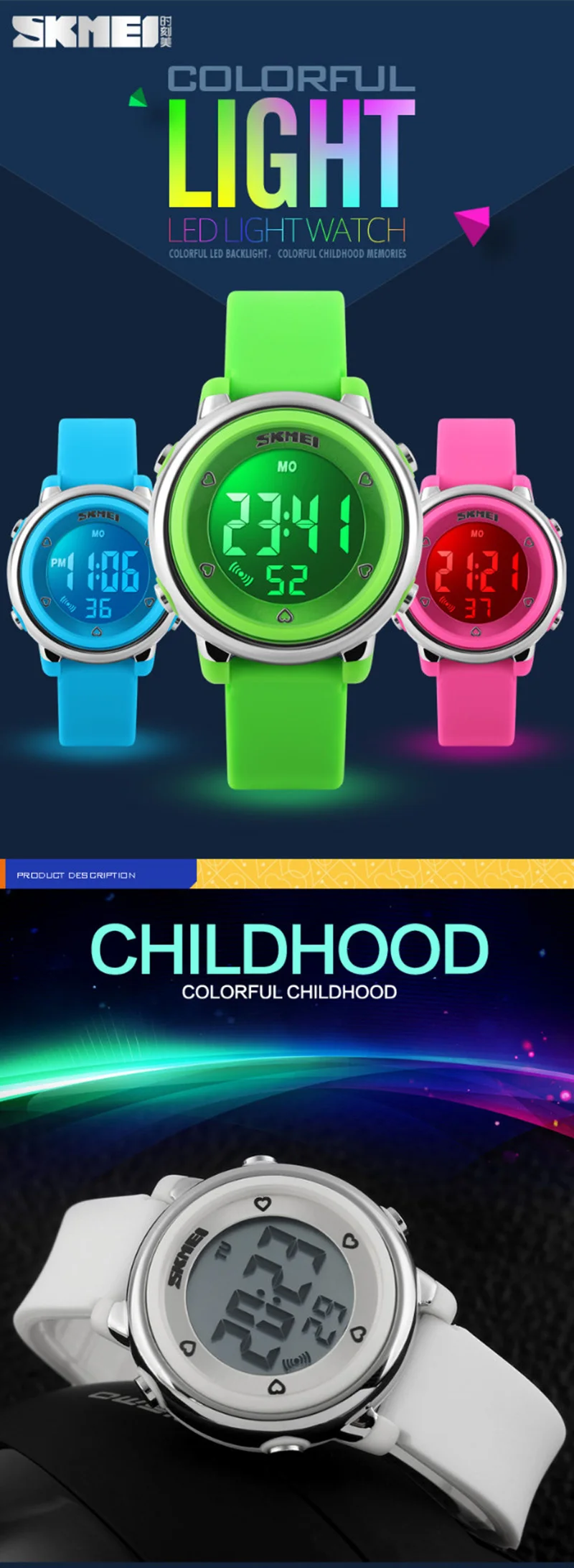 SKMEI Children watch LED Digital Sports Relojes Mujer Boys girls fashion Kids Cartoon Jelly Waterproof Wristwatches