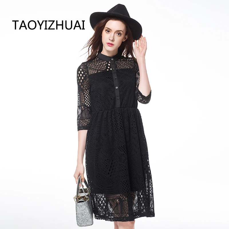 

TAOYIZHUAI Summer New Black Color Button Mandarin Collar Hollow Out Half Sleeves Straight Office Party Female Dress 11516