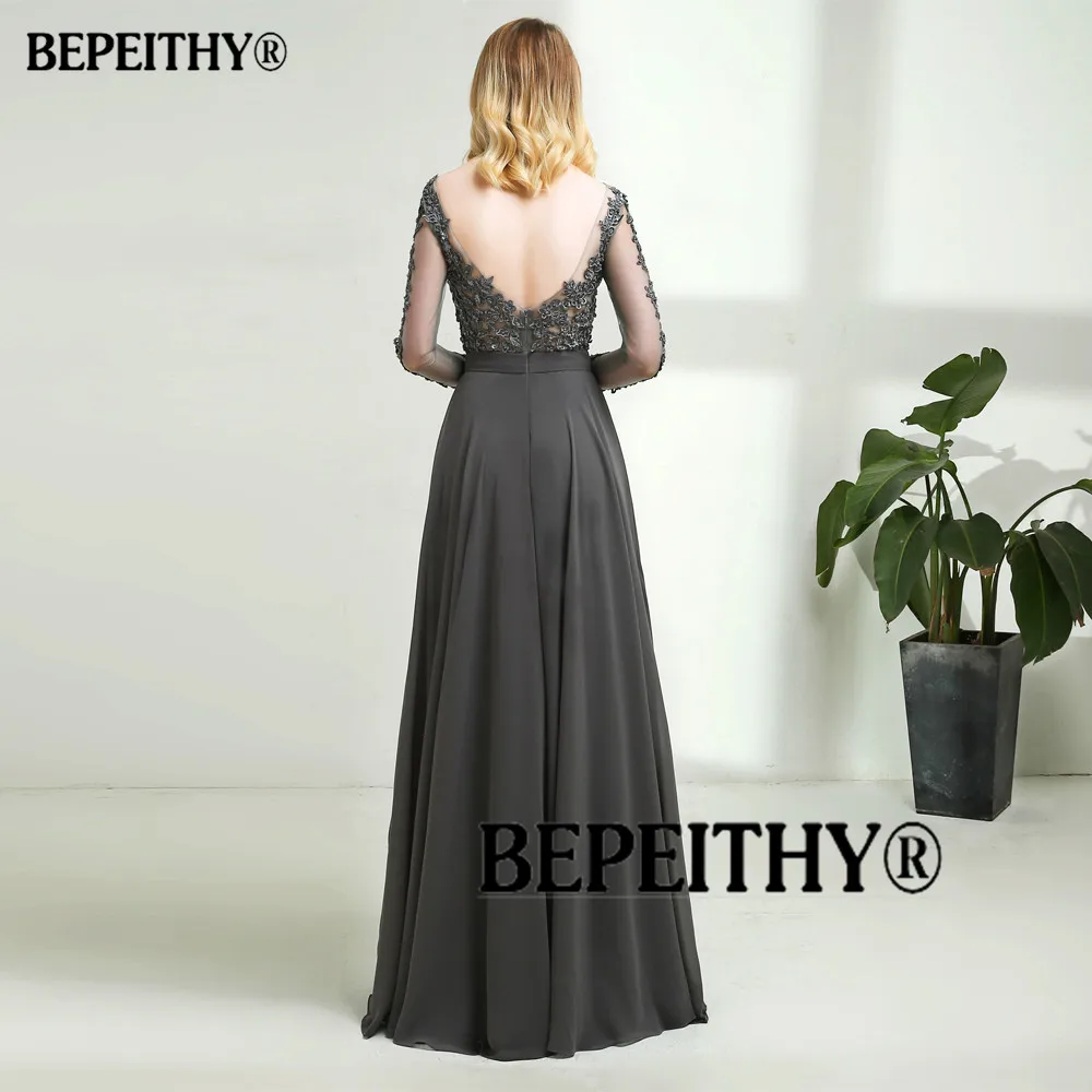 Vestido de festa, серое шифоновое длинное вечернее платье, сексуальное, с открытой спиной, с длинными рукавами, кружевное платье для выпускного вечера, Vestido Longo