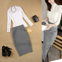 womens suit spring new fashion white stand collar long sleeve bottoming shirt lace shirt gray bag hip skirt two sets