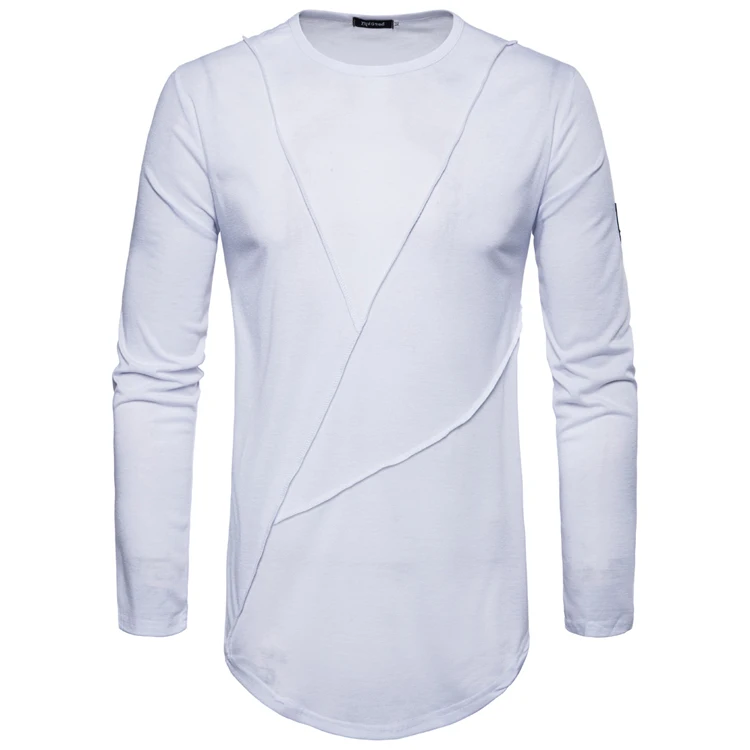 2019 New Men's T-shirt Summer Round Neck Casual Long-sleeved Stitching Bottoming Shirt Solid Color Long- | Мужская одежда