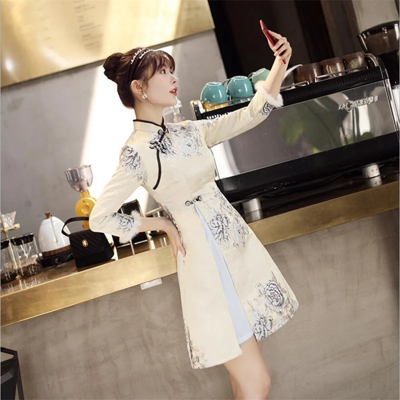 2019 Ретро Женская Китайская cheongsam Улучшенная Роскошная жаккардовая традиционная