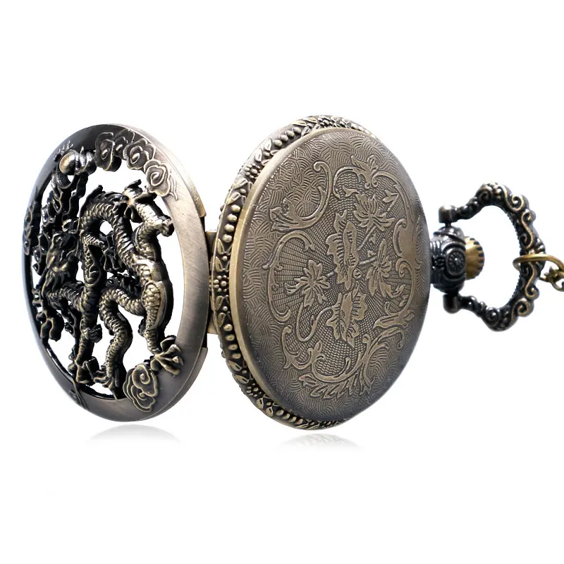 

Cool Bronze Hollow Chinese Dragon Design Quartz Fob Pendant Pocket Watch With Necklace Chain For Men Women