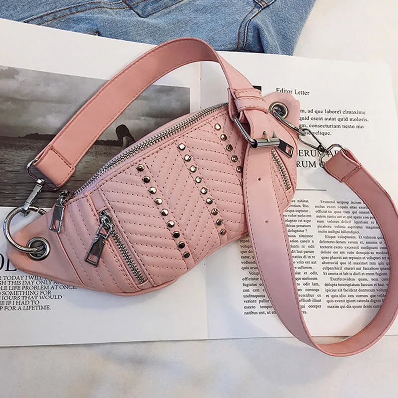Pink Waist Bag Женские поясные сумки, новинка, Женская нагрудная сумка, модная, с заклепками, через плечо, сумка на ремне, Женская, черная, ПУ, поясная сумка, сумки на плечо, банан 24 - Цвет: Pink Waist Bag