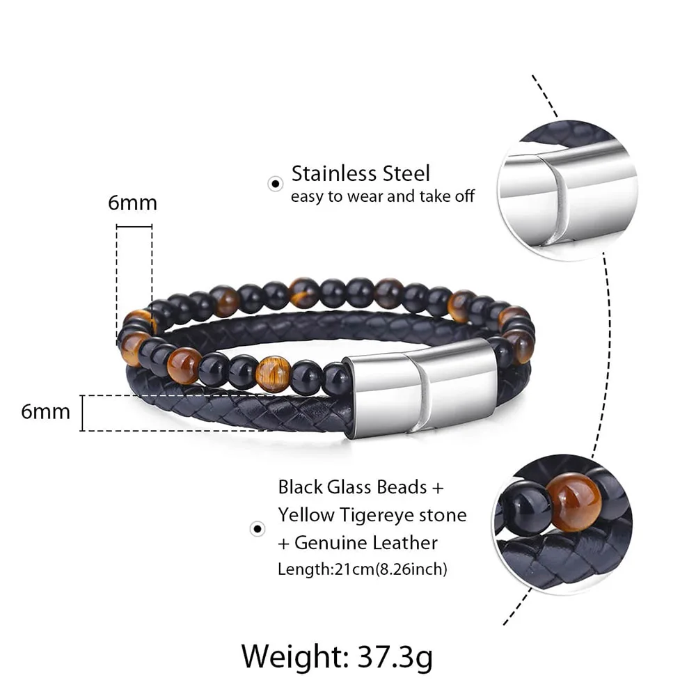 Двухслойный мужской браслет из натурального камня черный натуральная кожа