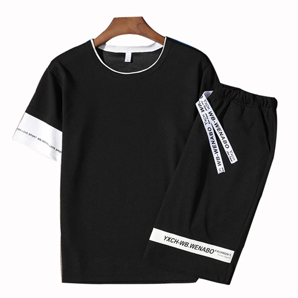 Black FK099 Летние Новые мужские комплекты, футболки+ шорты, комплекты из двух предметов, повседневный спортивный костюм, Брендовые костюмы с футболками, спортивная одежда для фитнеса - Цвет: Black FK099