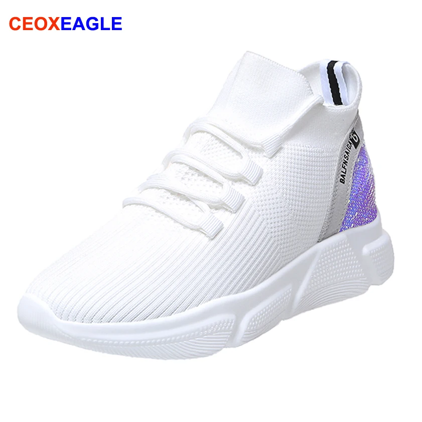 Кроссовки носки женские на платформе повседневные эластичные без застежки