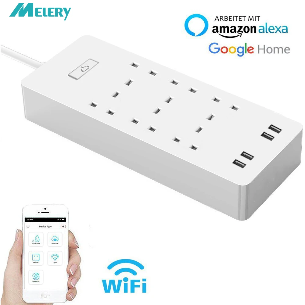 Умный WiFi сетевой фильтр 6 AC UK розетки с пульт дистанционного управления с USB Домашний Комплект работа с Alexa, Google Home