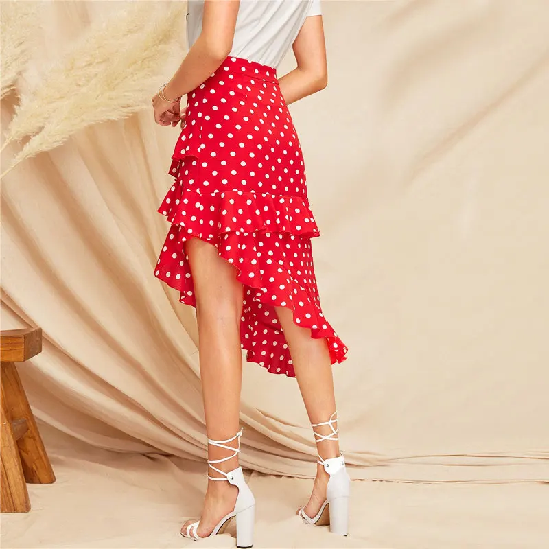 SHEIN Женская юбка в горошек с красной оборкой и асимметричным подолом, летняя женская юбка в стиле бохо, повседневная юбка для пляжного отдыха со средней талией